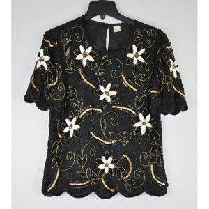 Heavily Beaded Sequined Womens L 100% Silk Floral Black Blouse Top Evening EUC